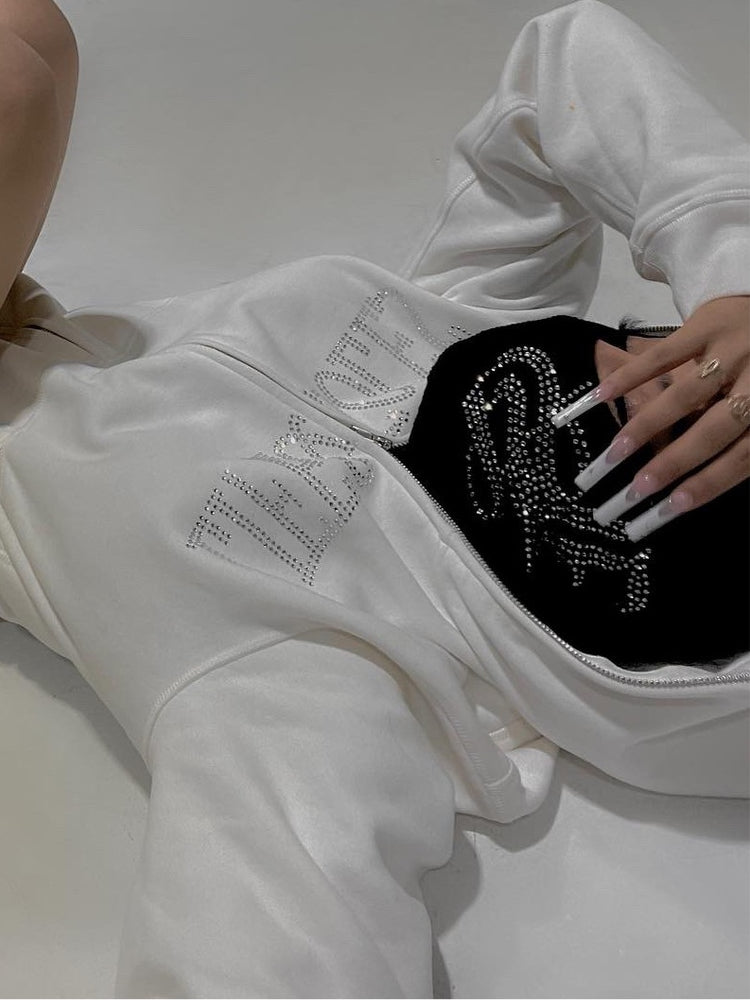 White Full Zip Classic Rhinestones